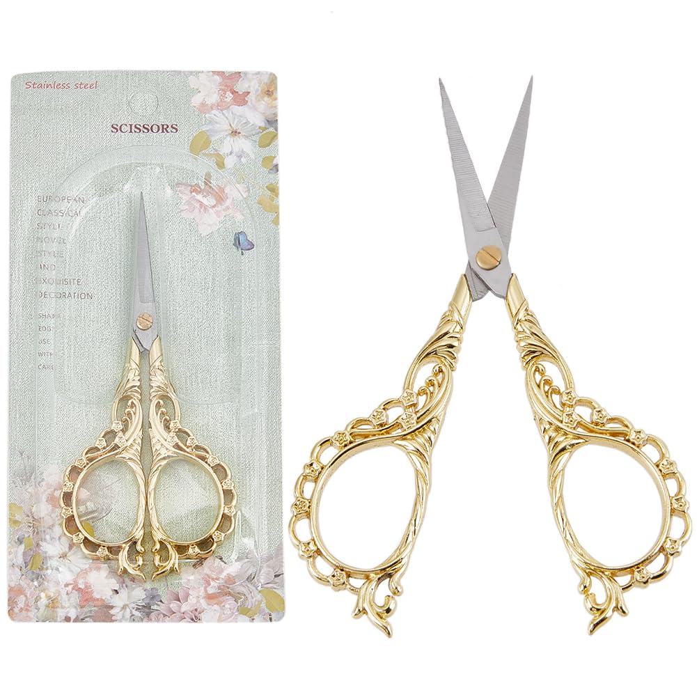 SUNNYCLUE 1Pc Vintage Sewing Scissors Embroidery Scissors Sharp Gold Antique European Style Stainless Steel Small Craft Scissors For Fabric Thread Needlework Cutting Crafting Supplies DIY Tool Shear