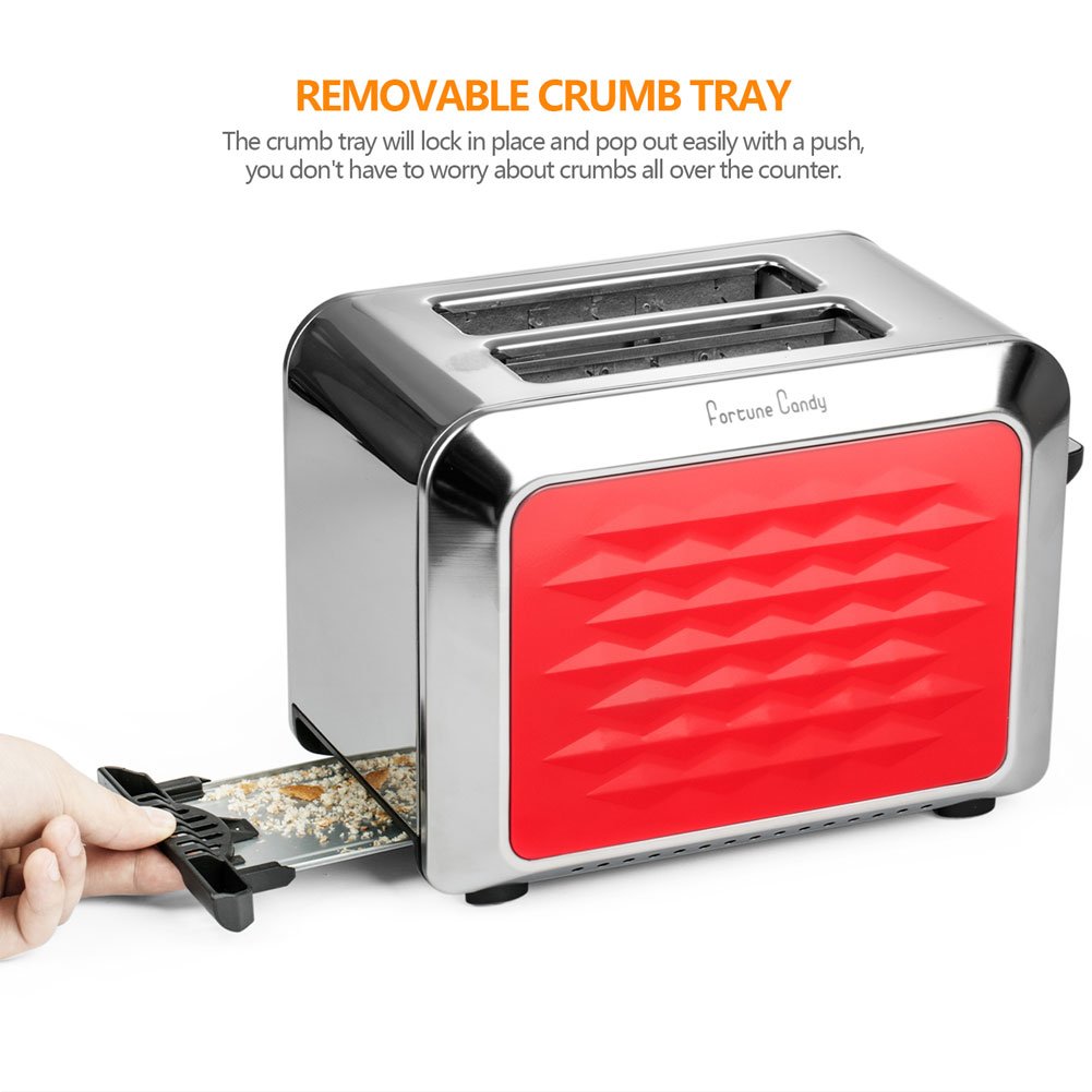 Fortune Candy Toaster,Red 2-Slice Toaster,Stainless Steel Toaster with Extra Wide Slots,Removable Crumb Tray,High Lift Lever,Bagel Defrost Reheat Cancel Function,7 Toast Shade Settings