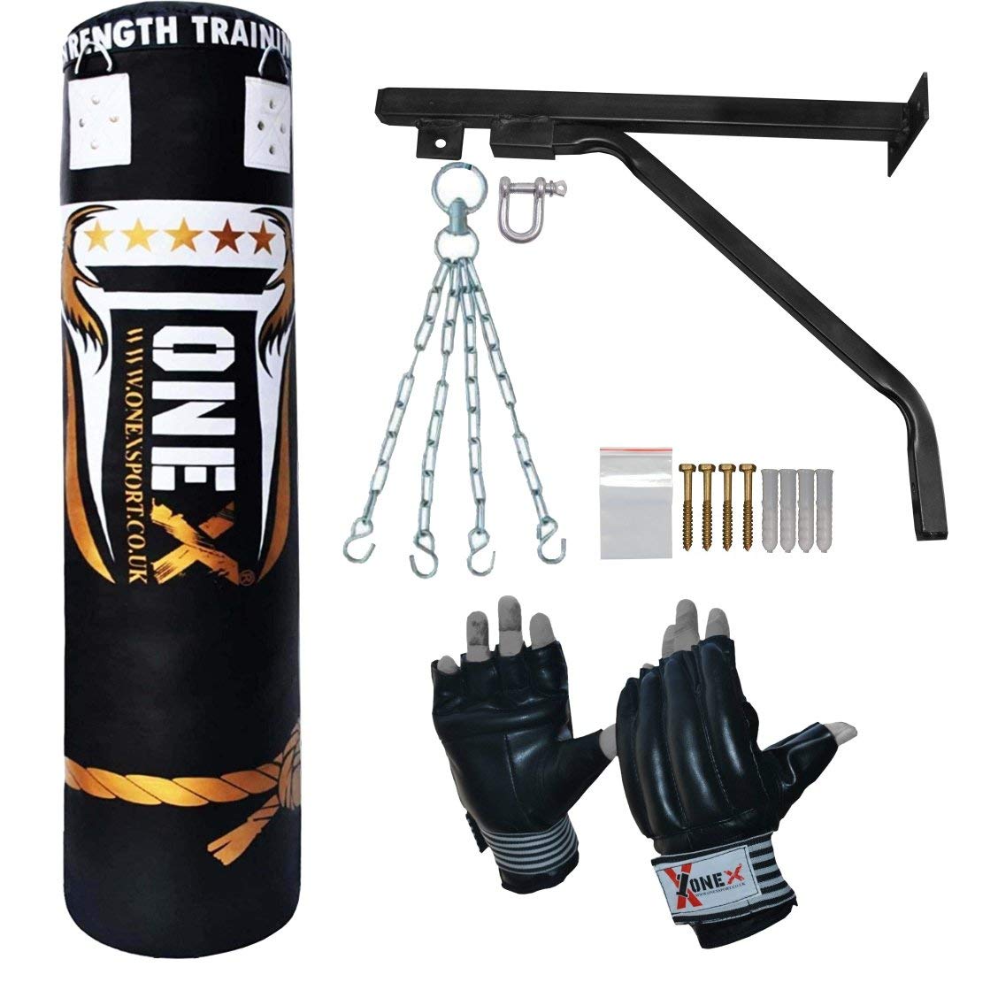 Onex Heavy Filled 5FT Boxing Punch Bag Set Gloves Bracket Chains MMA