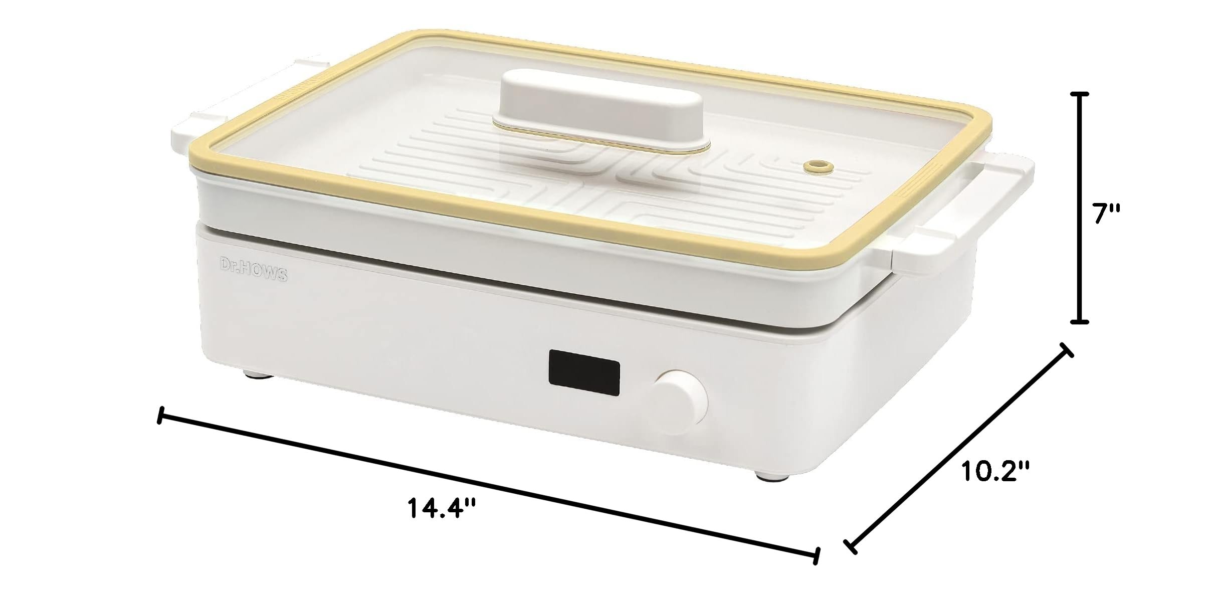 Dr.HOWS Doran Doran 3 in 1 Electric Skillet, Combo Multi Cooker, Rectangle Hot Pot Fryer Pan Griddle and Grill with Safe Nonstick Coating, Steady Heat, Glass Lid (yellow)