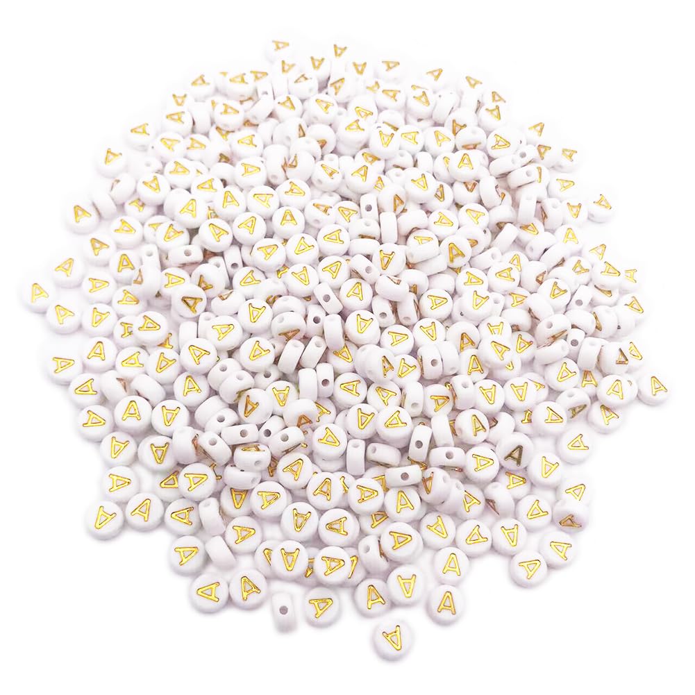 500PCS 4x7mm Acrylic Letter Beads A for Friendship Bracelets Jewelry Making, White Flat Round Acrylic with Golden Alphabet Beads for DIY Crafts Bracelets Necklaces Key Chains Phone Lanyard