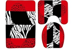 Sunhe 3 Piece Leopard Zebra Bath Rug Sets Black Red African Wild Animal Leopard Cheetah Zebra Skin Pattern Romantic Heart Creative Modern Bathroom Doormat Rugs, Toilet Seat Cover, U-Shaped Floor Mat