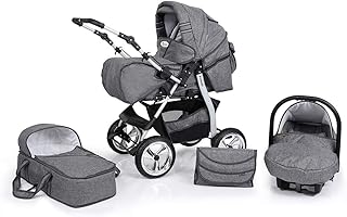 Clamaro 'Primal VIP' 3in1 Premium Kombikinderwagen System, Kinderwagen Kombi mit Babywanne, Buggy und Auto Babyschale Gruppe 0+ (0-13 kg), Felge: Delta (Luftreifen), Design: 65. Leinen Grau