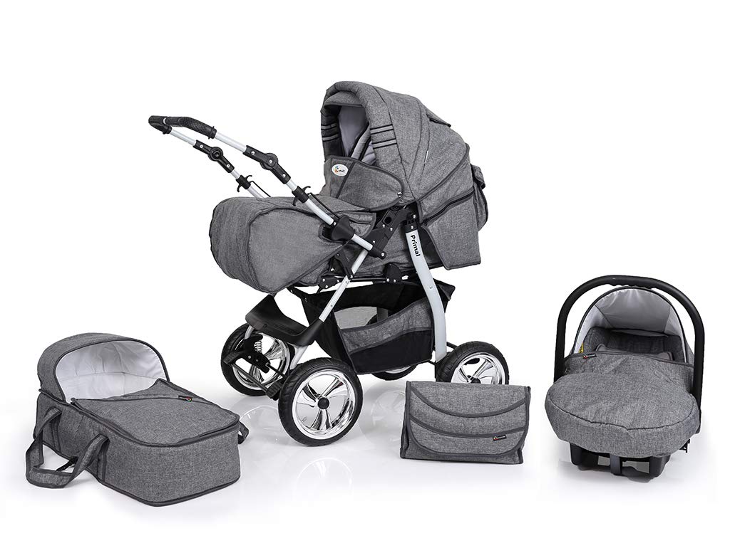 Clamaro 'Primal VIP' 3in1 Premium Kombikinderwagen System, Kinderwagen Kombi mit Babywanne, Buggy und Auto Babyschale Gruppe 0+ (0-13 kg), Felge: Delta (Luftreifen), Design: 65. Leinen Grau