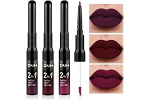evpct 3Pcs Dark Red Purple Plum Matte Liquid Lipstick and Lip Liner Set for Women Matte Burgundy Lip Tint Stain Long Lasting Waterproof, Black Cherry Blood Red Mauve Brown Gothic Goth Lipsticks Makeup