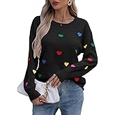 Allifewithu Women's Embroidered Sweater Long Sleeve Crew Neck Colorful Cute Heart Pullover Sweaters