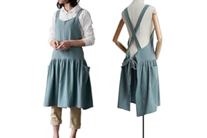 NEWGEM Cotton Linen Cross Back Apron for Women with Pockets for Gardening Cleaning Turquoise with Waist Ties