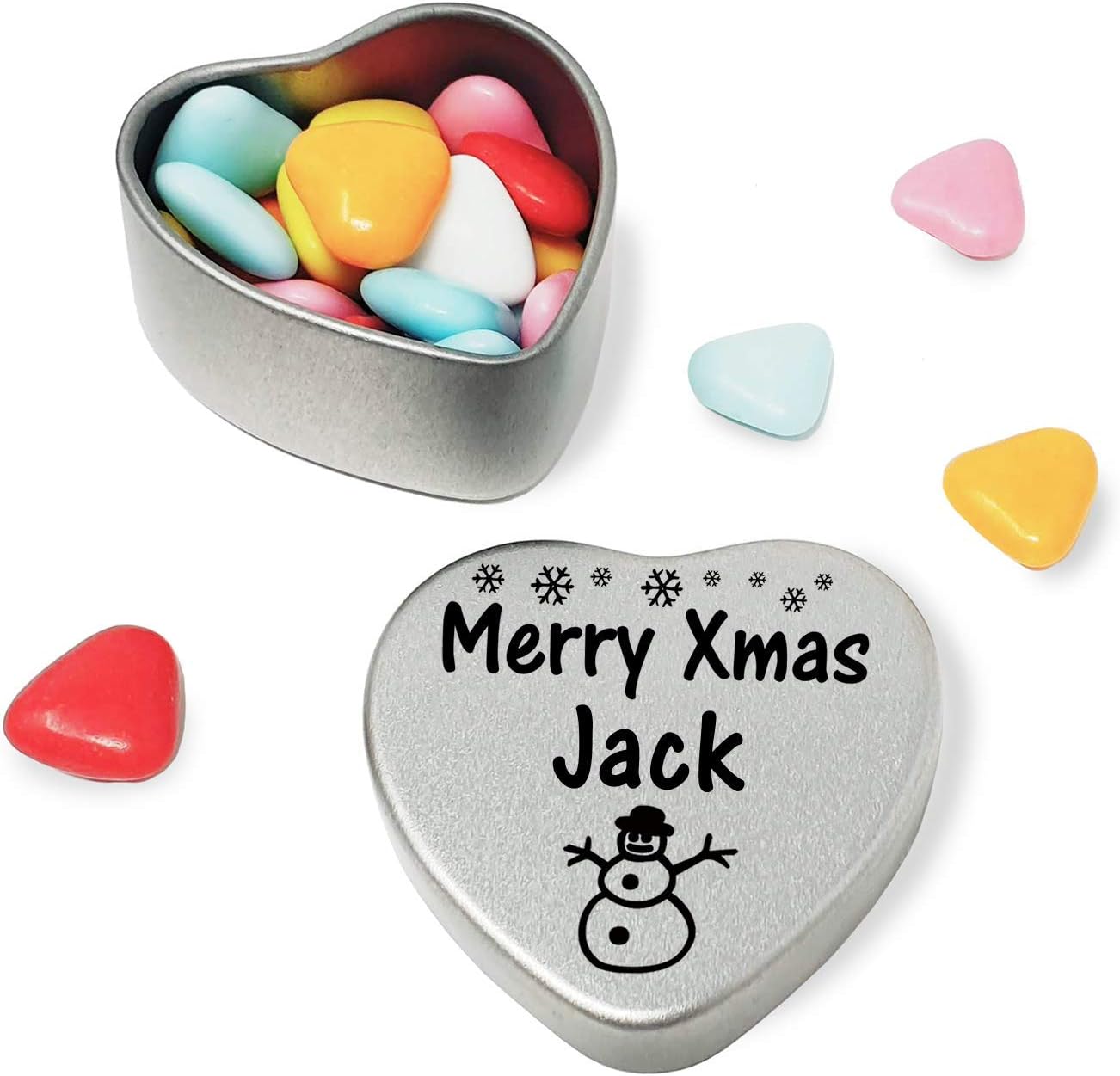Merry Xmas Jack Heart Shaped Mini Tin Gift filled with mini coloured chocolates perfect christmas present card alternative for Jack Fun Festive Snowman Design