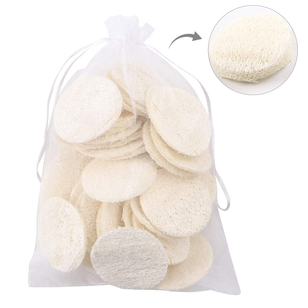 Pveath 40 Pcs Natural Loofah Pads, Reusable Makeup Removal Face Pads, Loofah for Men & Women Face Brush Cleanser and Massager, Body Wash and Bath Scrubber, with Travel Bag