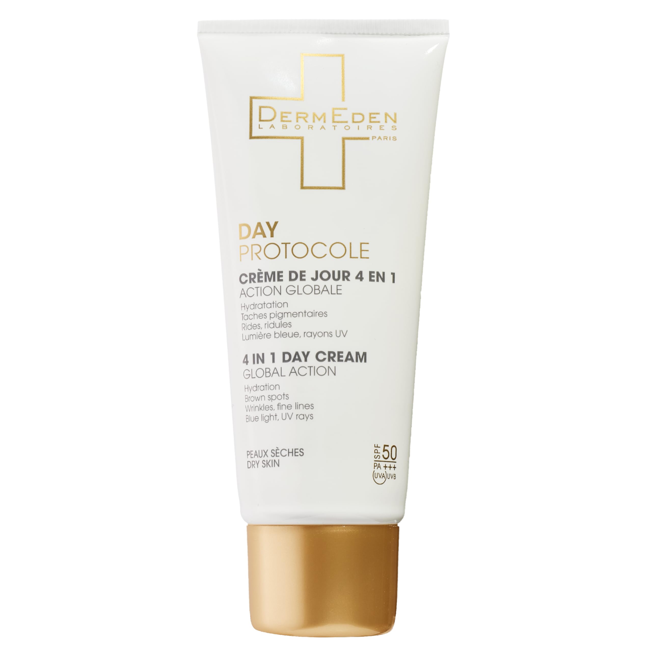 DermEden - Day cream 50 ml for dry skin SPF 50-4 actions in 1 - Complete protection against the harmful effects of light - Anti-dark spot, Anti-inflammation and Rehydrating - Made in France