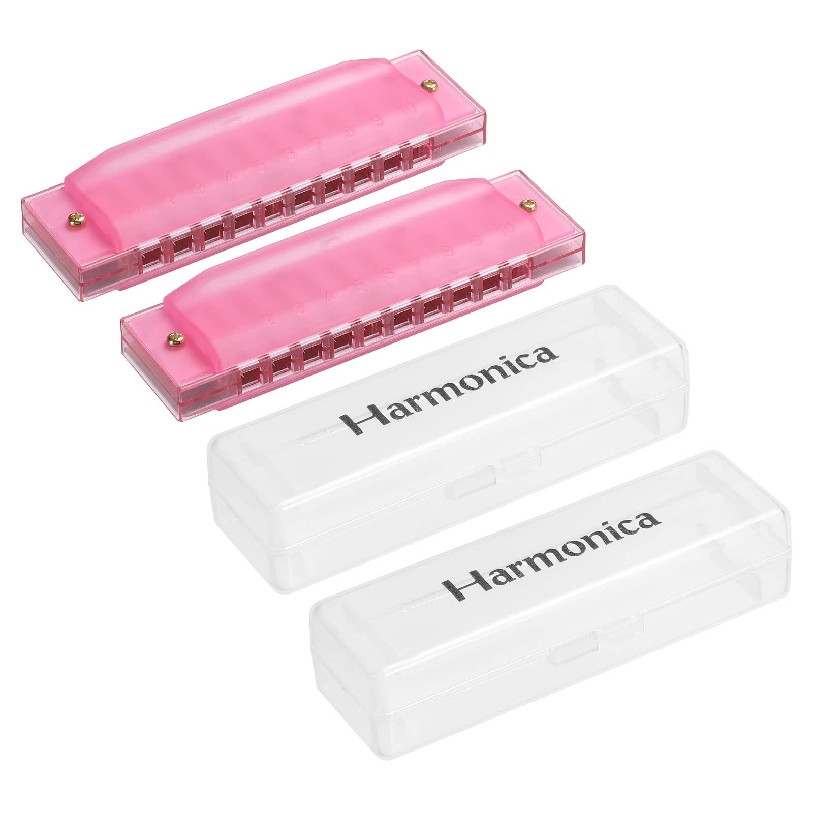 PATIKIL Clearly Colorful Translucent Harmonica 10 Holes Pink ABS Harp Mouth with PVC Box for Educational Musical Instruments Beginners Adults Pack of 2