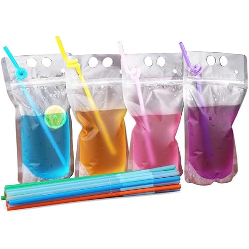 50 Pack Disposable Plastic Drink Pouches Bags 17oz with Straws,5 by 9 Inches 8mil