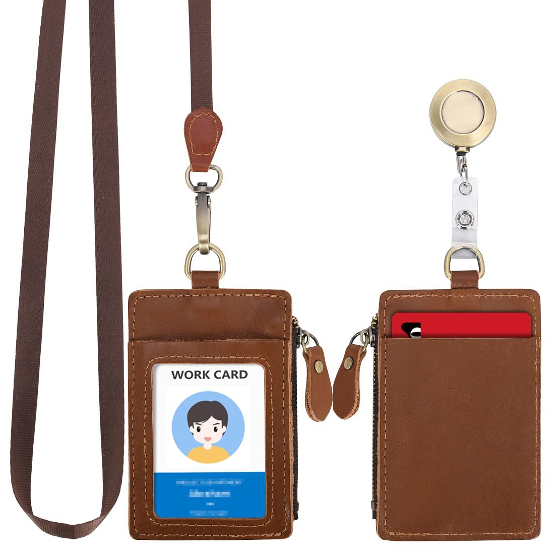 Wonderpool Leather ID Badge Holder with Zipper Wallet Pouch - Card Slots Case Detachable Neck Lanyard and Retractable Badge Reel for Office School Hospital Exhibition ID (Light Brown)
