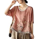 LREUIP Chinese Retro Shirt, Heavy Industry Embroidered Linen Shirt, Color Blocking Round Neck Pullover T-Shirt