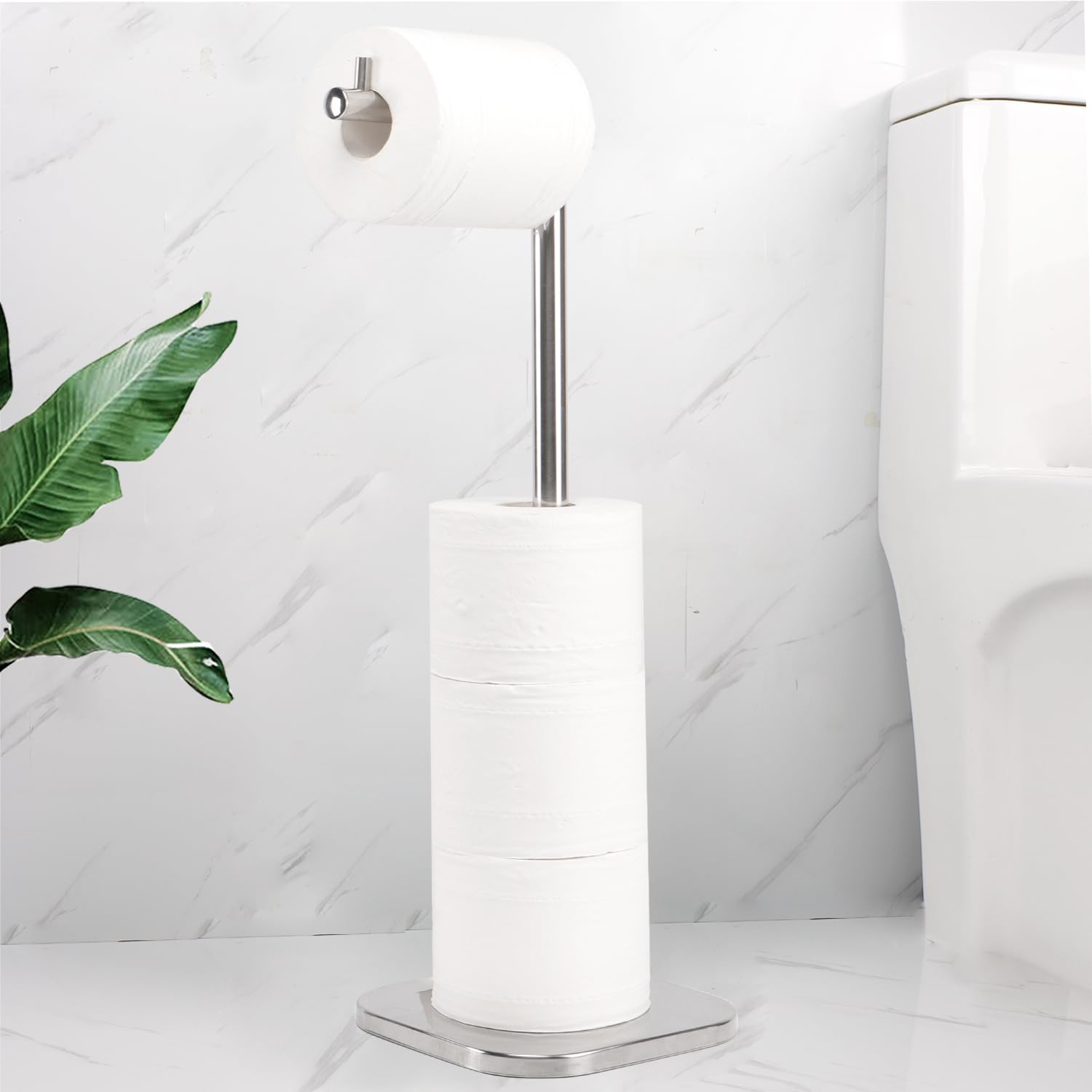 Photo 1 of **MISSING HARDWARE**
Vanloory Toilet Paper Holder Stand, Free Standing Tissue Paper Storage for Bathroom, Stainless Steel Toilet Paper Stand with Reserve for 5Roll Weighted Base Bathroom Toilet Roll Holder(Brushed Nickel)