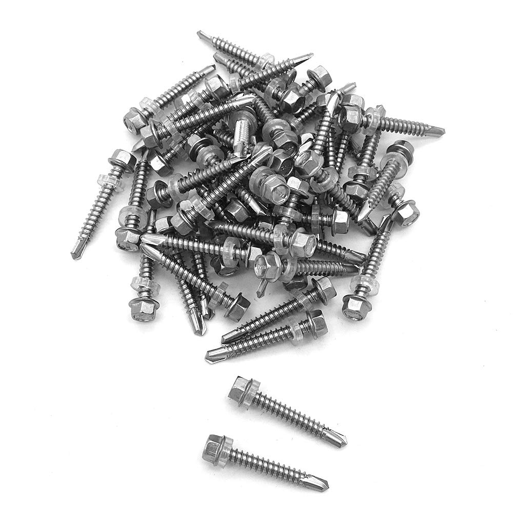 50 Pieces NUZAMAS 5.5 x 32mm Thread 304 Stainless Steel Self Drilling Tek Screw with Washer, for Wood, Metal Fastened