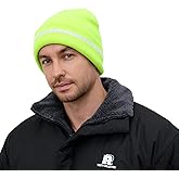 MELASA Fleece Lined Warm Winter Hat, High Visible Reflective Strip Knit Cuffed Beanie Safety Hat for Outdoor Work Running