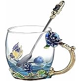 FDINF Tea Cup Gifts for Mom Women Mothers Day Glass Coffee Enamels Mug Birthday Butterfly Rose Gifts for Her Valentines Day Christmas Tea Cup with Spoon