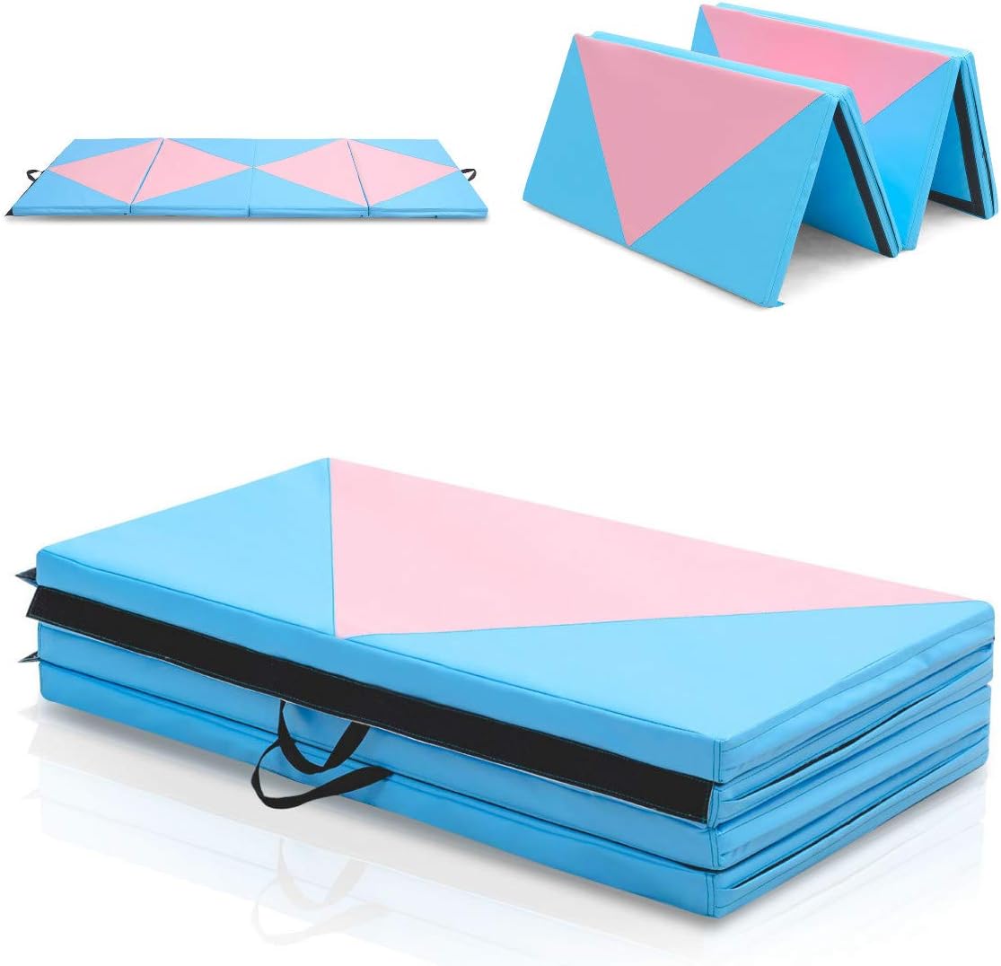Multigot 4 Folding Gymnastics Mat, 10 FT Yoga Exercise Home Fitness Workout Mat, PU Leather Foam Mat with Handles for Pilates, Push-ups, Stretching