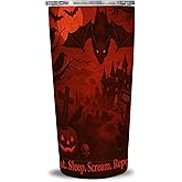 Halloween 20 Oz Tumbler With Straw Lid, Stainless Steel Insulated Travel Mug, Spooky Bats Haunted House Gothic Art, Pumpkin Skull, Car Cup Holder Friendly