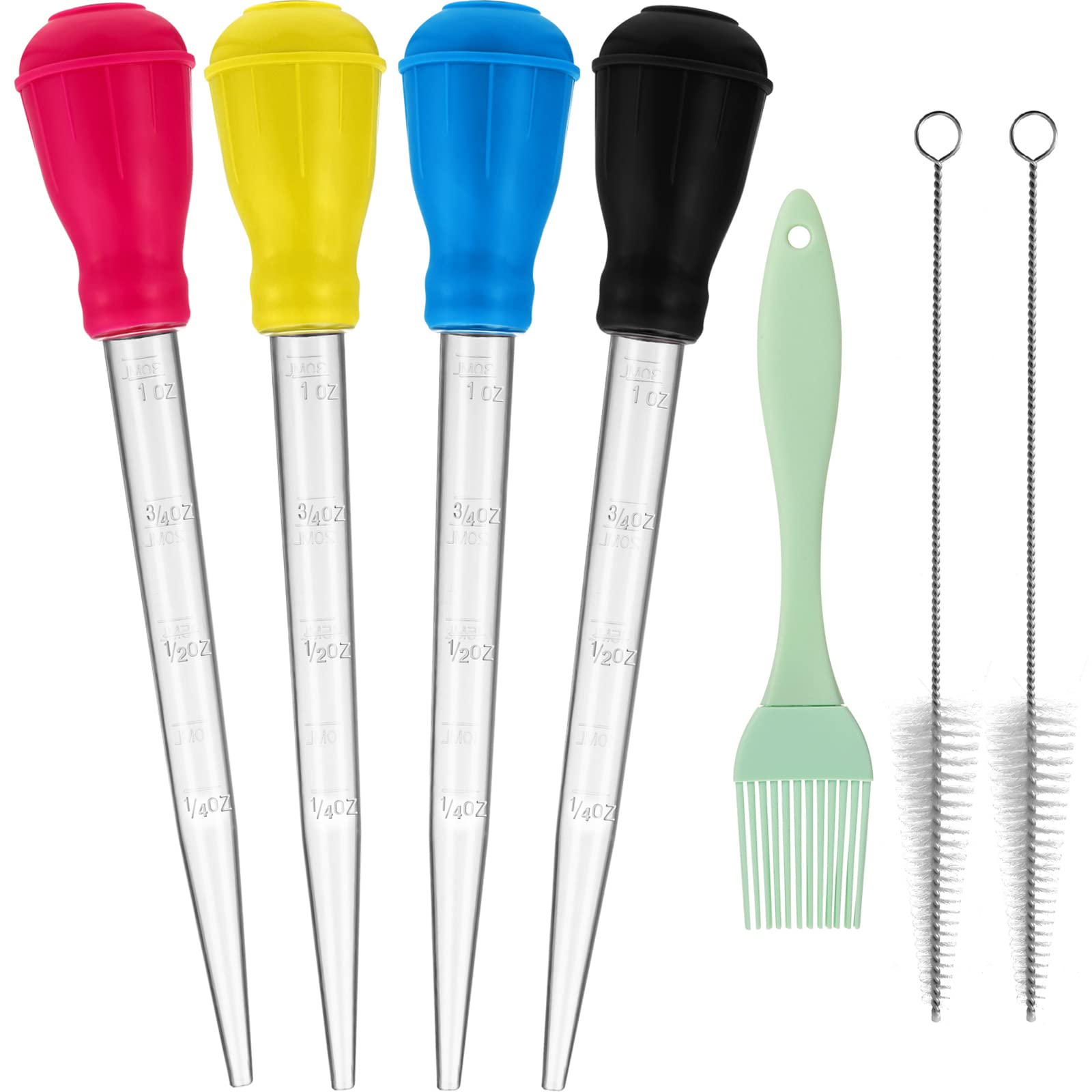 7 Pieces Nylon Heat-resistant Turkey Baster Cooking Set Includes 4 Meat Baster Turkey Syringe, 1 Silicone Basting Brush and 2 Cleaning Brush for BBQ Grill Baking Kitchen Cooking (7 Pieces, Multicolor)