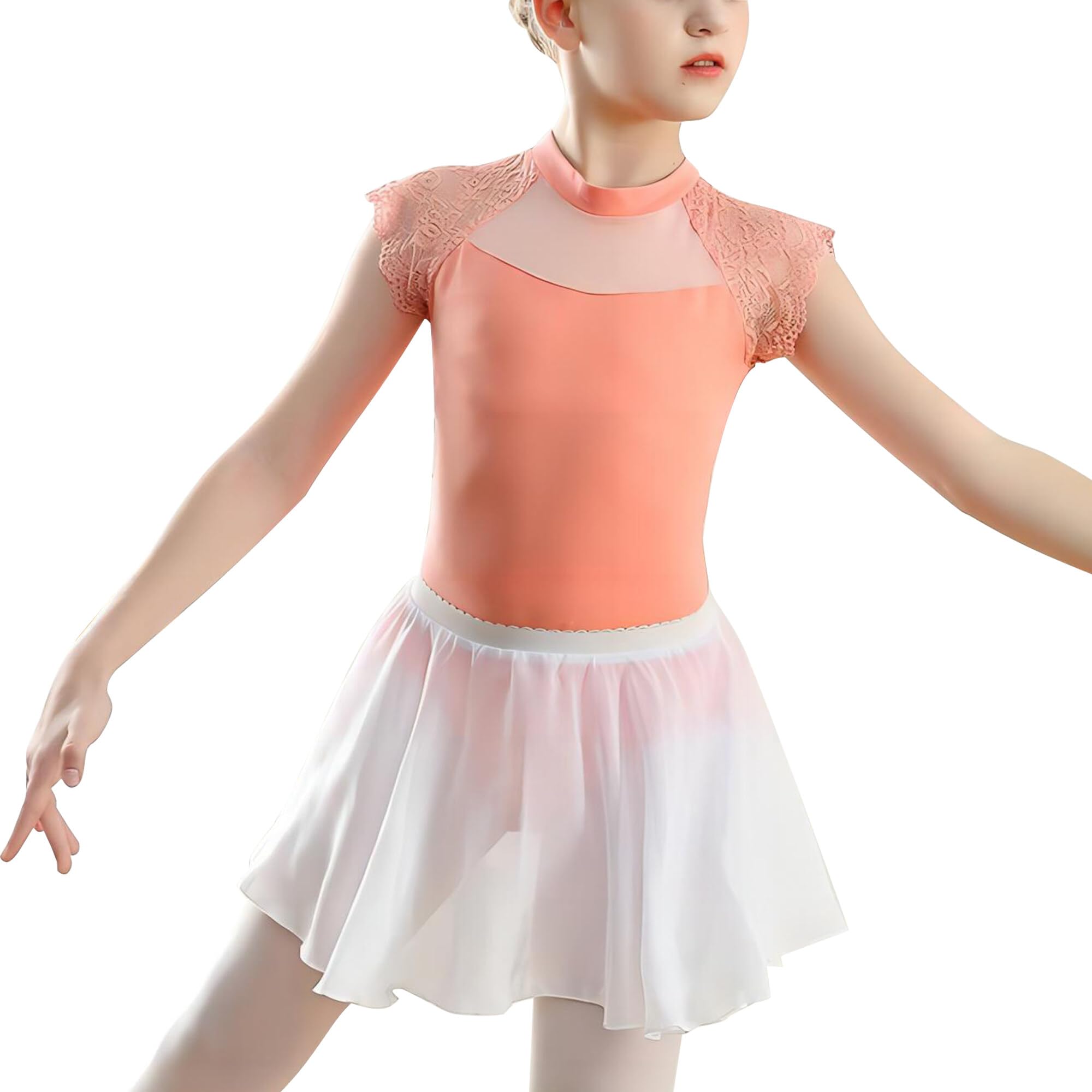 Photo 1 of *UNKNOWN SIZE** Happy Cherry Girls Ballet Leotards Short Sleeve Leotard with Skirt Kids Dance Ballet Tutu Dresses Comfortable Breathable Dance Bodysuit 10-12 Years Orange Leotard+Chiffon Skirt 2023