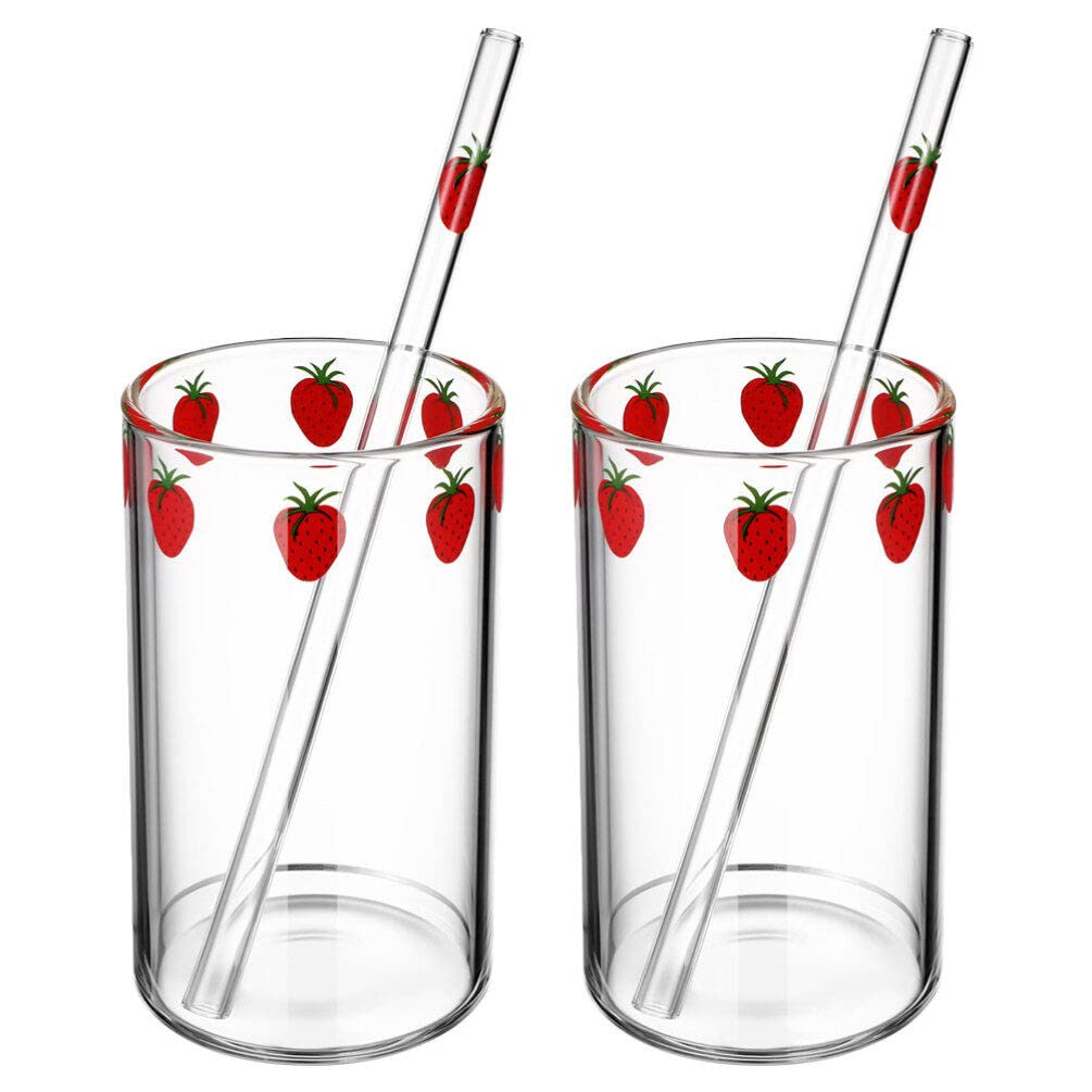 HEMOTON 2 Sets Strawberry Printed Glass Cups 10.5Oz Transparent Milk and Juice Tumblers with Straw for Tea Coffee and Cocktails Home Use