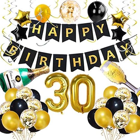 Amazon Com 30th Birthday Decorations For Her Him Men Women Happy Birthday Banner Number 30 Balloons Kit Black Gold Dirty 30 Hanging Swirls Party Favors Supplies Gifts Cheers 30th Years Confetti Celebration Kitchen