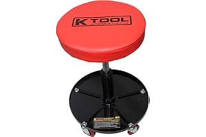 K Tool International 74971 Adjustable Rolling Mechanic Seat for Garages, Repair Shops, and DIY, Pneumatic Lift, (5) 2.5" Swivel Casters, Height Range 14" to 19", 12" Padded Seat, Tool Tray, Black/Red