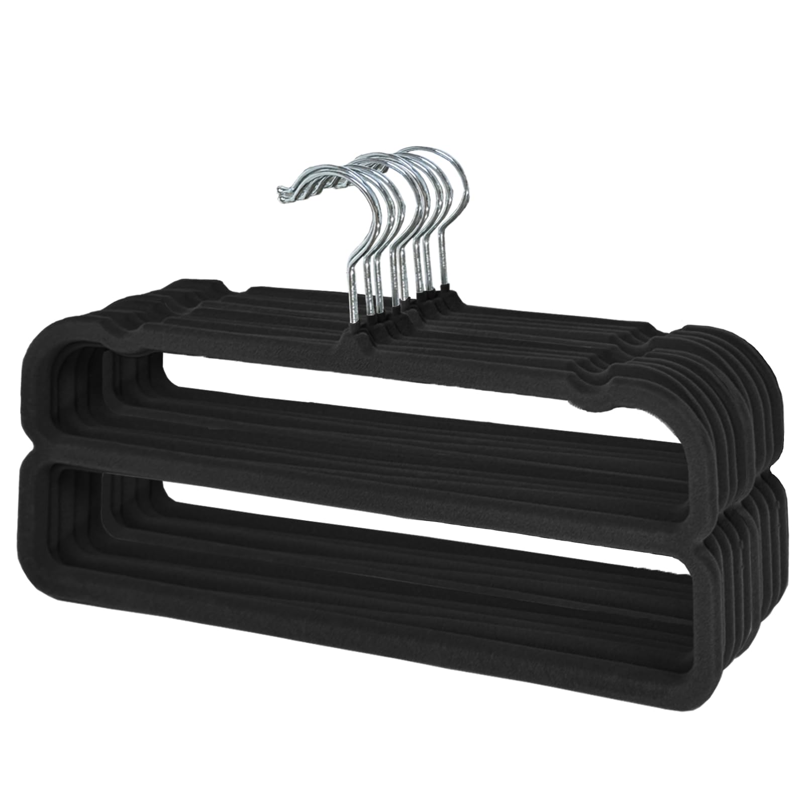 VSV stoage Velvet Pants Hangers with Double Non Slip Bar - Multiple Velvet Hangers for Closet - Thin Space Saving Clothes Hanger - 360° Swivel Felt Trouser Hanger Perchas Terciopelo 10 Pack (Black)