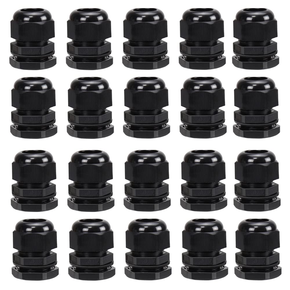 20 Pack M20 20mm IP68 Waterproof Nylon Cable Glands, Suitable for 6mm - 12mm Cables (Black)