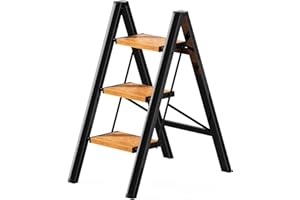 PLEDDANIO 3 Step Ladder,Step Stool Folding Step Ladders for Adults Foldable Step Stools W/Wide Pedal,330 lbs Capacity Sturdy Aluminum Portable Kitchen Step Stool Black Wooden Ladder