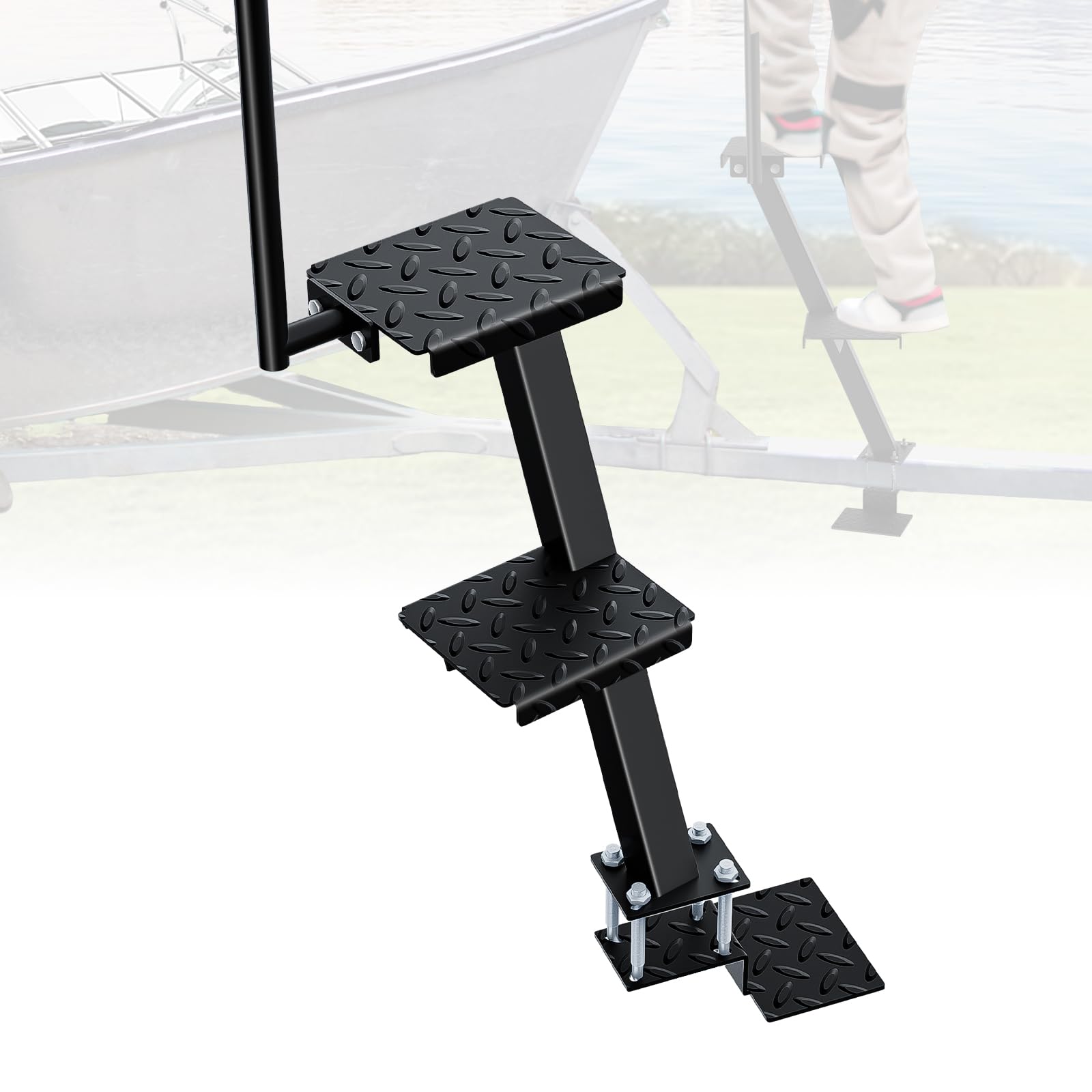 Sliandtelly Boat Trailer Step with Handle - Heavy Duty Anti-Slip, Rust-Proof Boarding Steps for Front Tongue Frame, Easy Install with Mounting Hardware Fits Bass & Pontoon Boats