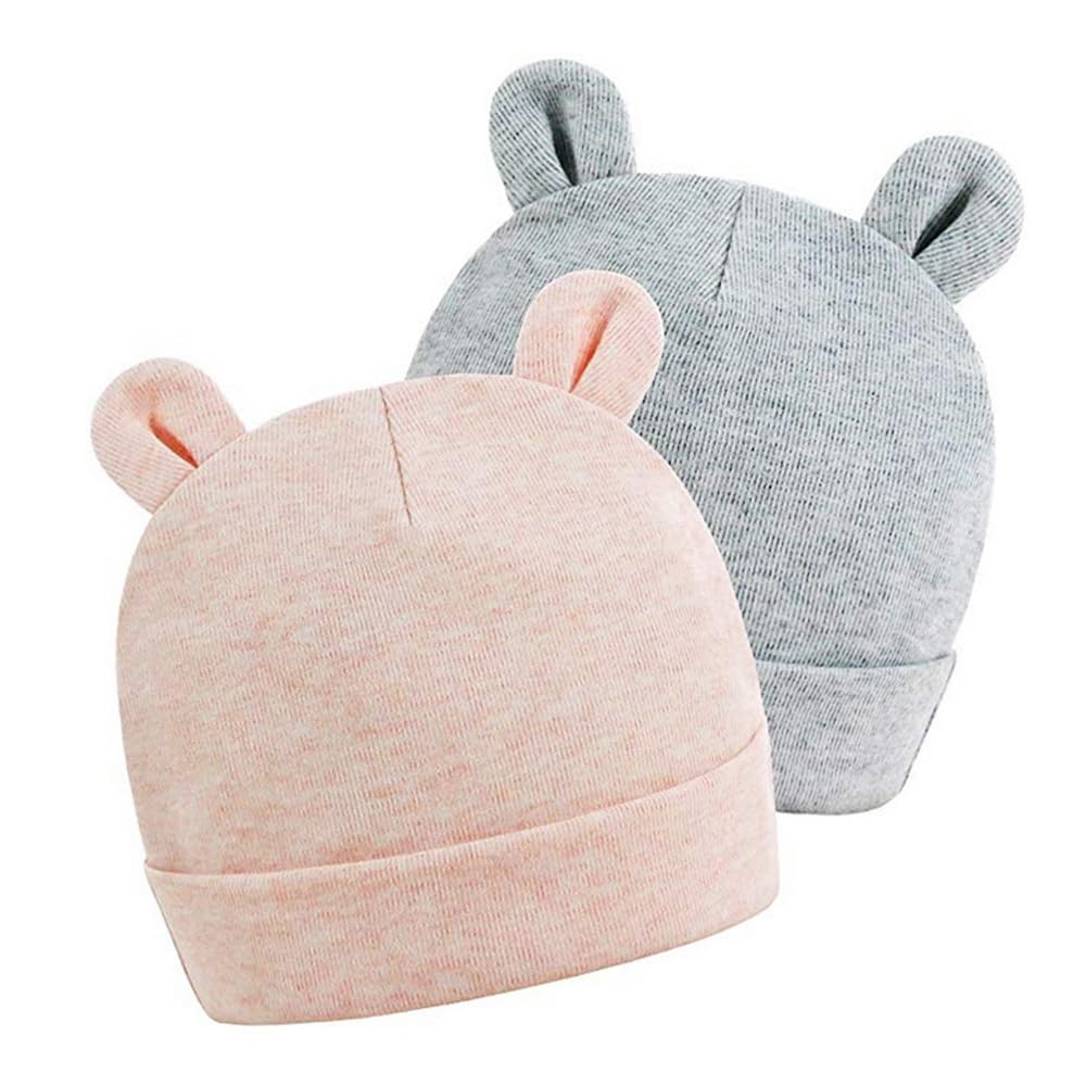 Original Cotton Newborn Beanie Lovely Bear Ear Baby Hospital Hat for Boys Girls Infant Beanie Cap, 2-Pack, Pink and Grey
