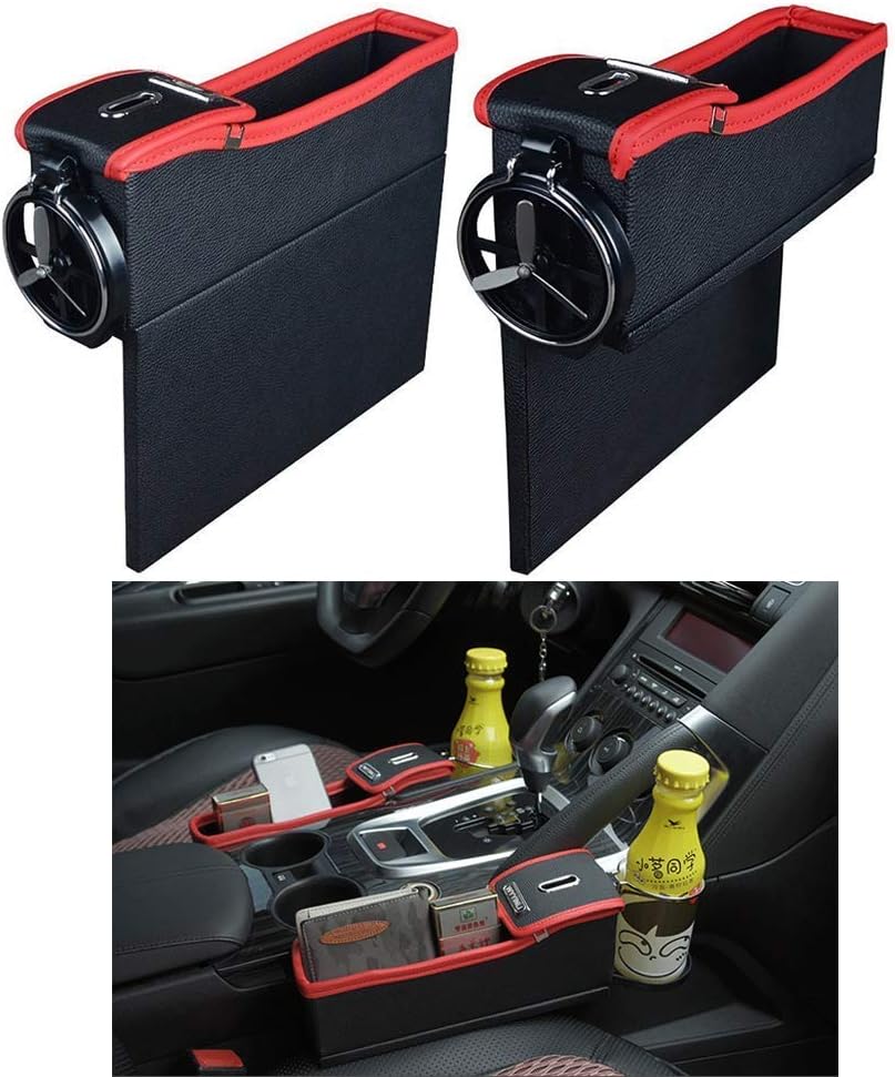 Premium PU Leather Side Pocket Organizer Car Seat Filler Gap Space Storage Box Bottle Cup Holder Coin Collector Car Interior Accessories 2PCS (Black Red)