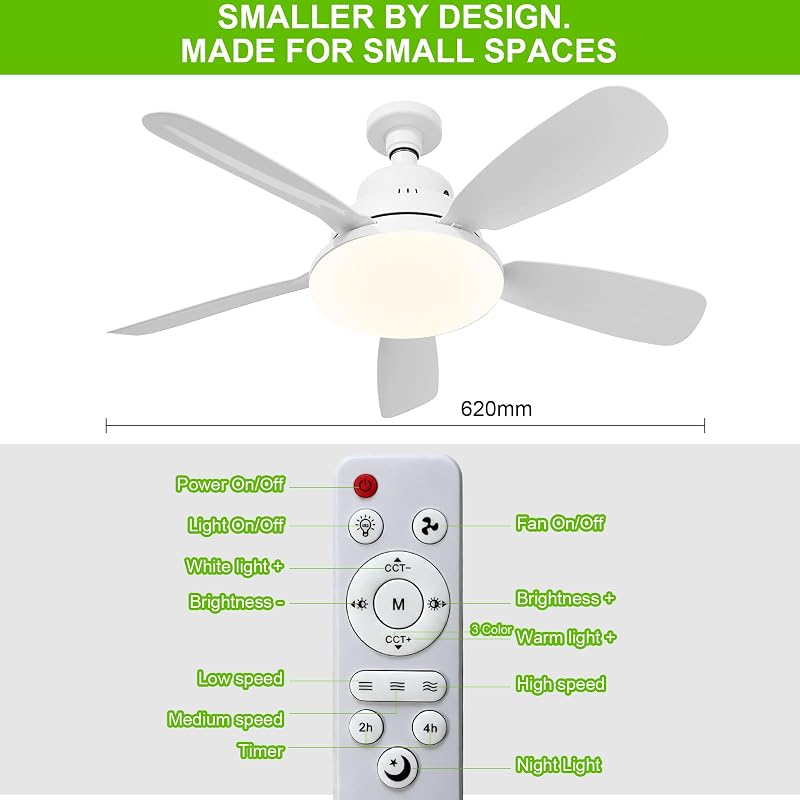 Deckenventilator mit Licht und Fernbedienung, 62 cm, 45 W, kleiner LED-Ventilator, dimmbar, 3 Farben 3000 – 6500 K, 3 Geschwindigkeitsstufen, Timer, E27-Fassung für Schlafzimmer, Küche