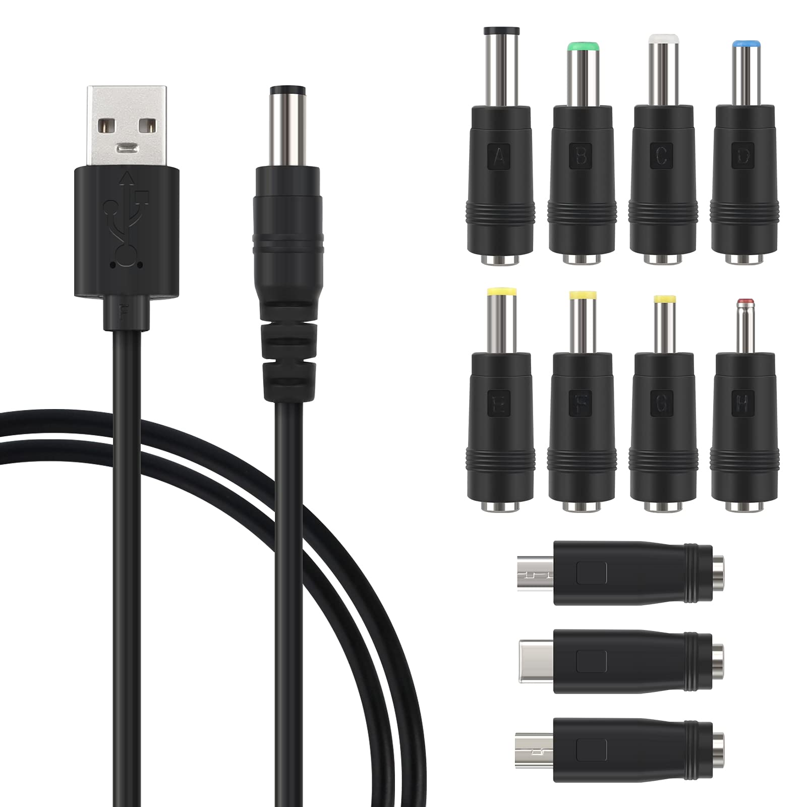 ShiSheng USB to DC Power Cable 1 Pcs Universal 5V DC with 11 Connector Tips 1M USB Power Cable Interchangeable Plugs Connectors