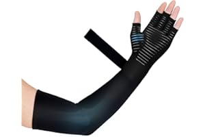 Zuscot Copper Long Compression Arthritis Glove with Wrist Strap (1 Pcs), 20-30 mmHg Lymphedema Compression Arm Sleeve with Gauntlet, Fingerless Graded Pressure Full Arm and Hand Support for Men Women