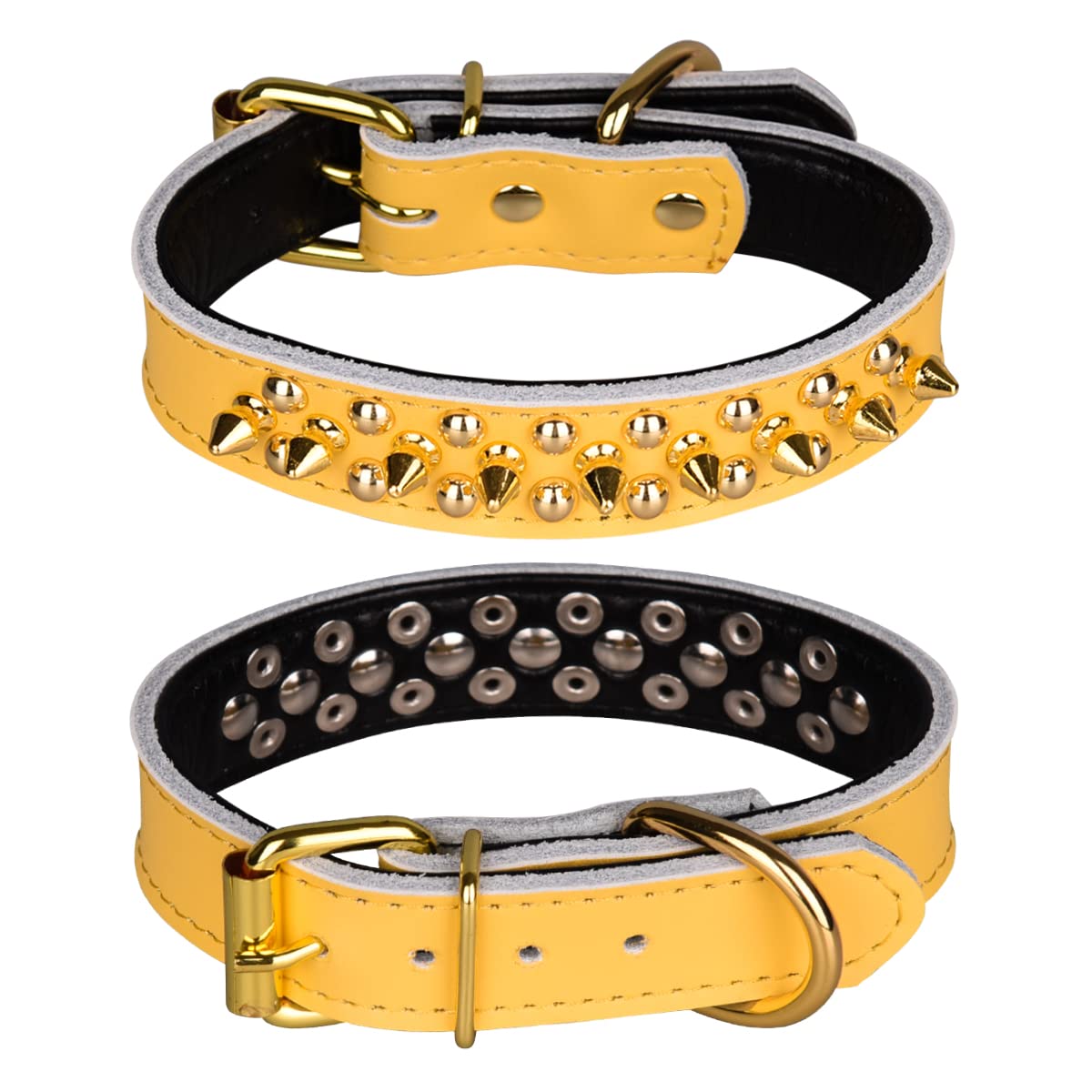 haoyueer Spiked Studded Dog Collar, Genuine Leather Dog Collar, Adjustable Pet Collars for Medium Large Bulldog Pitbull Mastiff Poodle Boxer (S, Yellow)