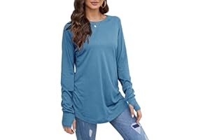 ZWSPTO Women's Spring Long Sleeve Tops O-Neck Basic Solid Color T-Shirts Blouse Tunic Tops with Thumb Holes