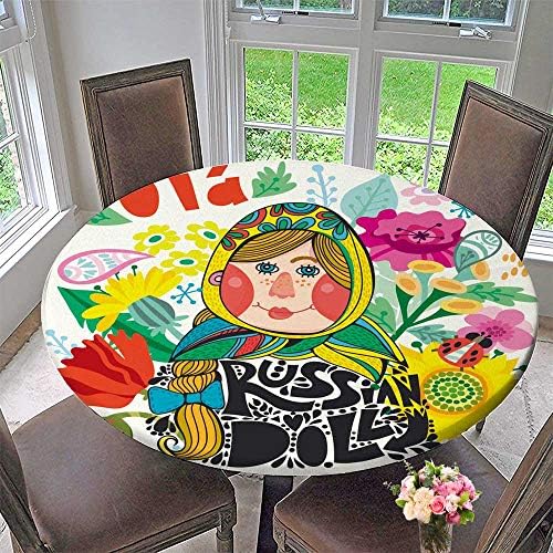 PINAFORE HOME Round Table Tablecloth Cartoon of Russian Doll with Flowers and Draw Letters for Wedding Restaurant Party 43.5"-47.5" Round (Elastic Edge)
