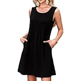 Wowcarbazole Summer Beach Dresses for Women Pleated Casual Crewneck Sundresses Loose Swimsuit Coverup with Pockets