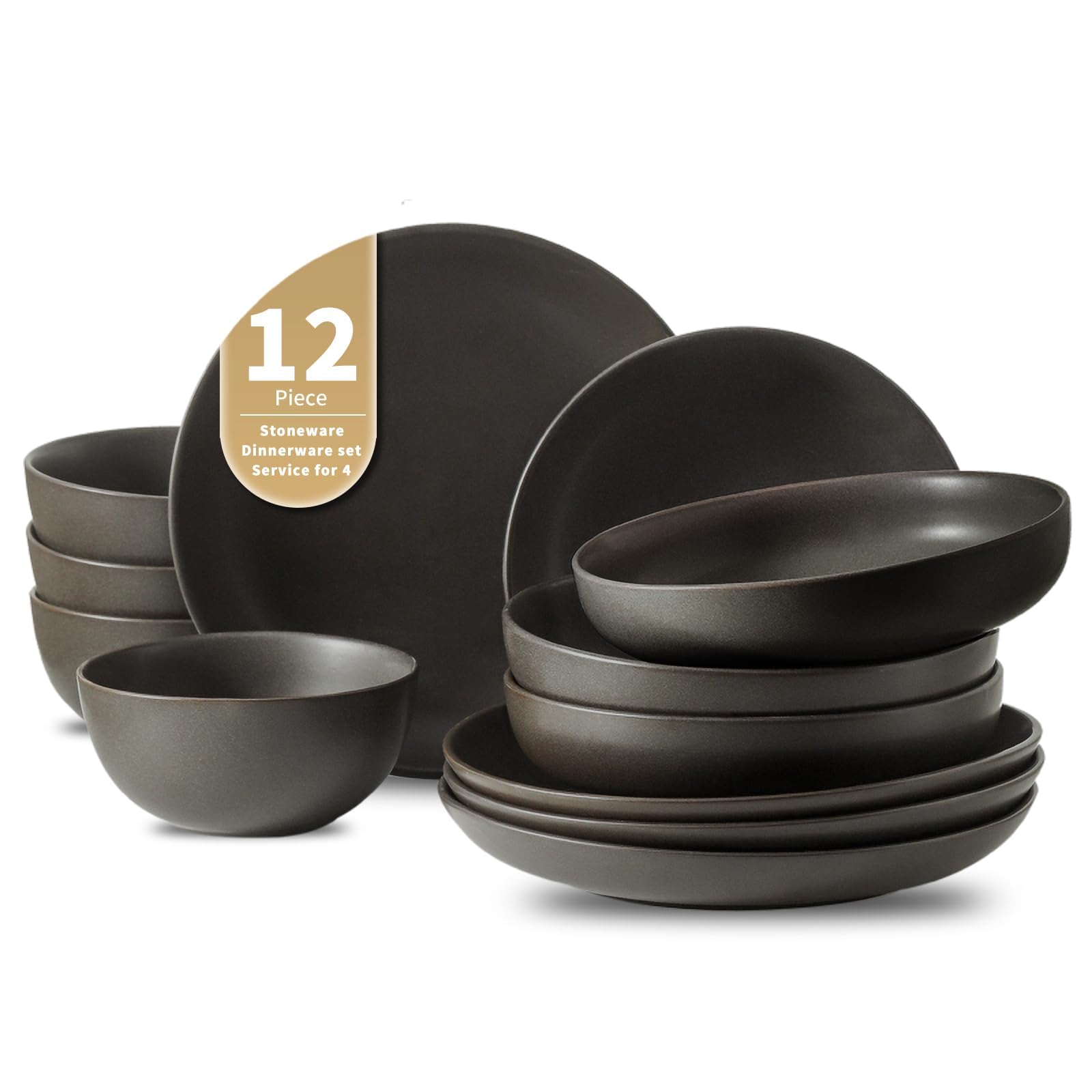 Photo 1 of Tikooere Plates and Bowls Sets, 12-Pieces Stoneware Dinnerware Set Ceramic, Matte Black Dishes Set for 4, Scratch Resistant, Microwave and Dishwasher Safe Tableware, Porcelain
