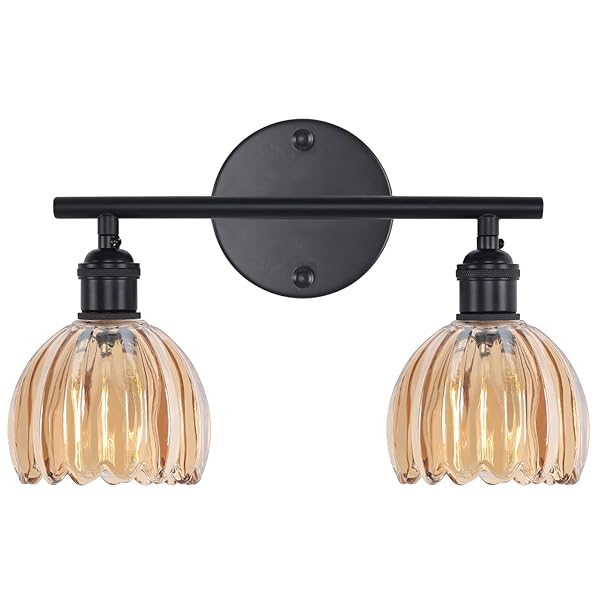 SHENMOYL BATHROOM LIGHT FIXTURES, 2-LIGHT BLACK VANITY WALL LIGHT OVER MIRROR WITH AMBER TULIP GLASS SHADE FOR BEDROOM LIVING ROOM (BULB NOT INCLUDED)