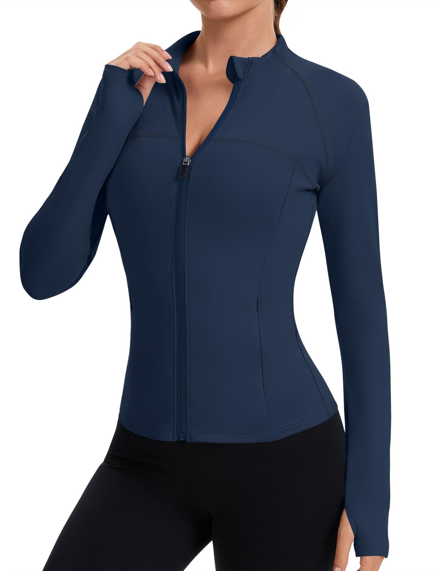 Photo 1 of Rapbin Long Sleeve Workout Tops for Women Full Zip Pullover Athletic Gym Top Slim Fit Running T Shirt (Navy XL)