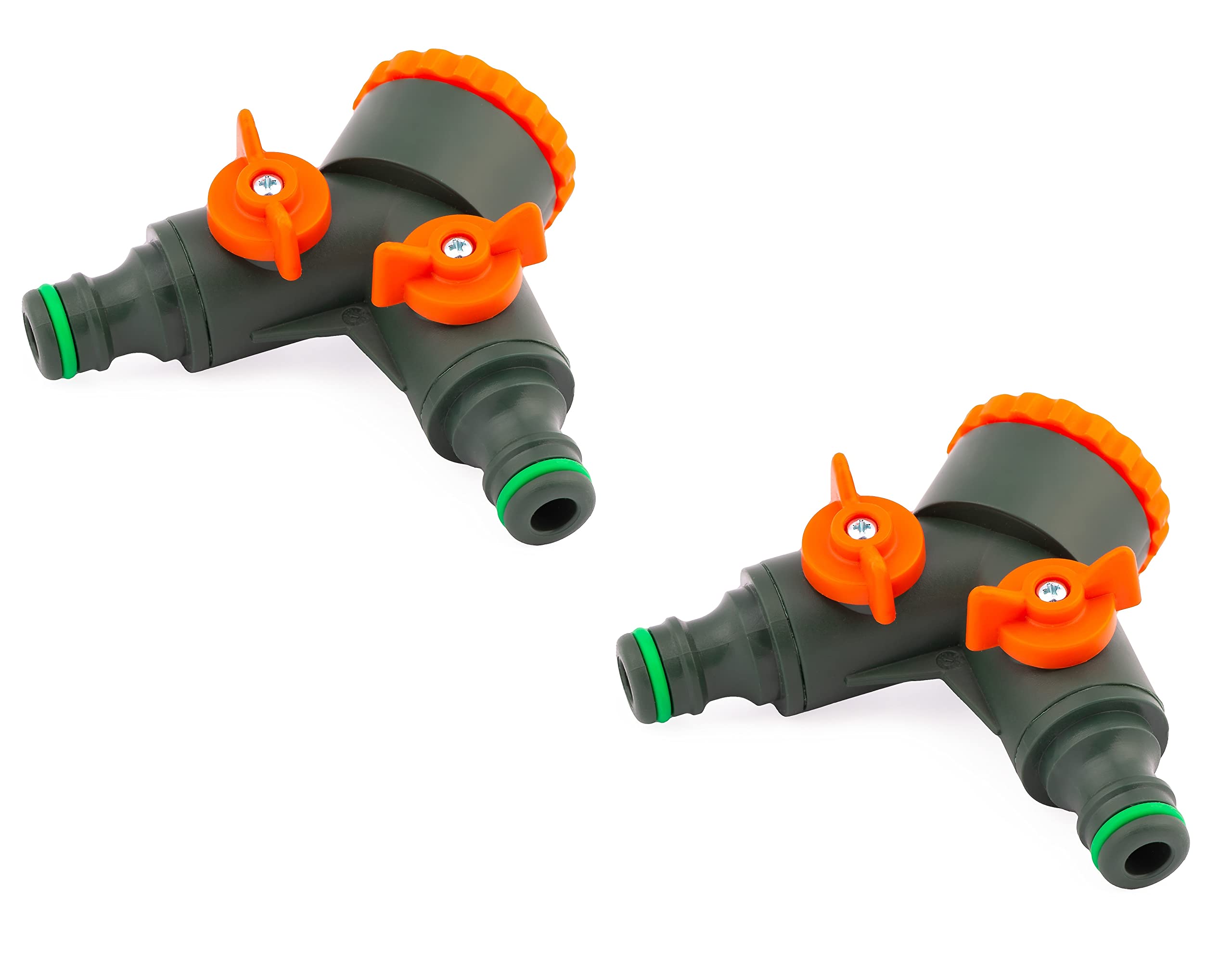 MIVOS 2 x 2-way splitter for taps with 3/4 inch and 1 inch BSP male thread, pack of 2, water 2-way distributor with shut-off valves for garden irrigation