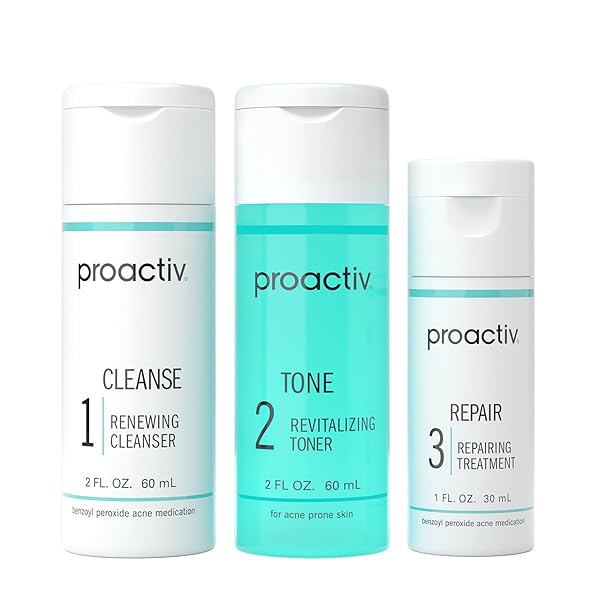 PROACTIV 3 STEP ACNE TREATMENT – BENZOYL PEROXIDE FACE WASH, REPAIRING ACNE SPOT TREATMENT FOR FACE AND BODY, EXFOLIATING TONER – 30 DAY COMPLETE ACNE SKIN CARE KIT