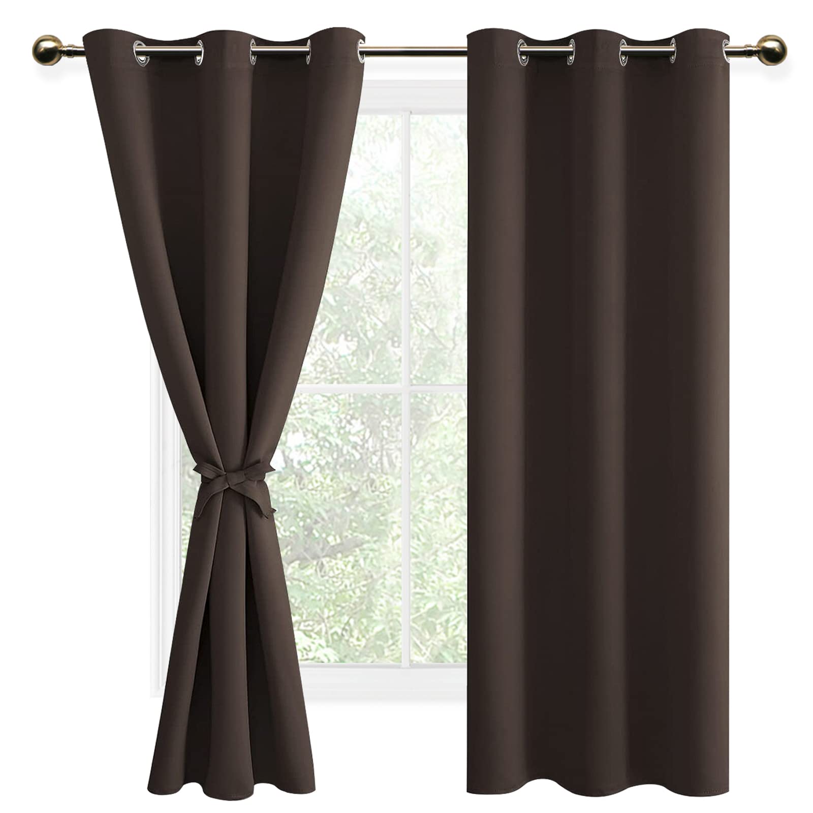 DWCN Brown Blackout Curtains with Tiebacks for Bedroom Thermal Insulated Solid Eyelet Curtains for Living Room,2 Panels,46" Wide x 72" Drop — image 1