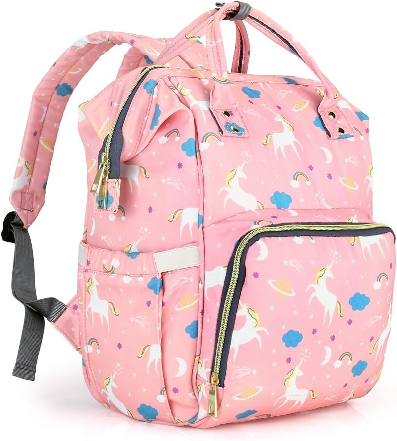 Bisozer Baby Diaper Bags Multi-Function Waterproof Travel Backpack Nappy Tote Bags for Baby Care, Large Capacity, Unicorn Print (Pink)