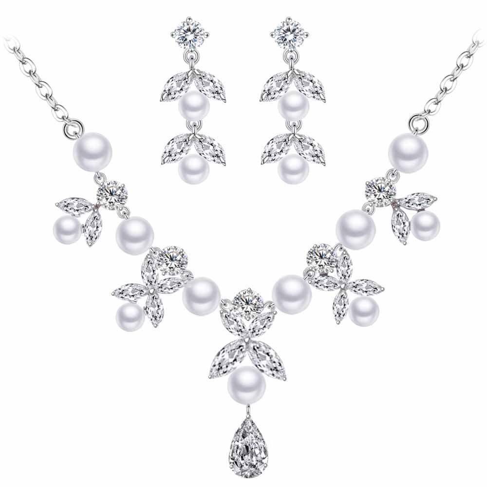 BiBeary Women Elegant Zirconia Simulated Pearl Butterfly Flower Wedding Earring Necklace Jewellery Set